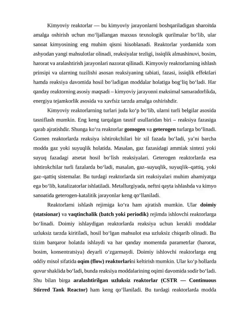 Kimyoviy reaktorlar va ishlab chiqarishning texnologik sistemalari 2