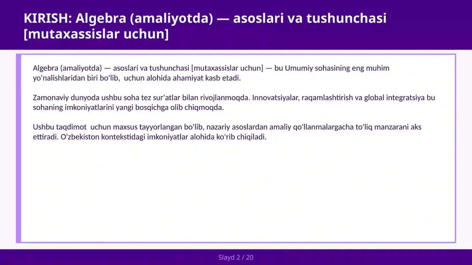 Algebra (Amaliyotda) — Asoslari va Tushunchasi [Mutaxassislar uchun] 2