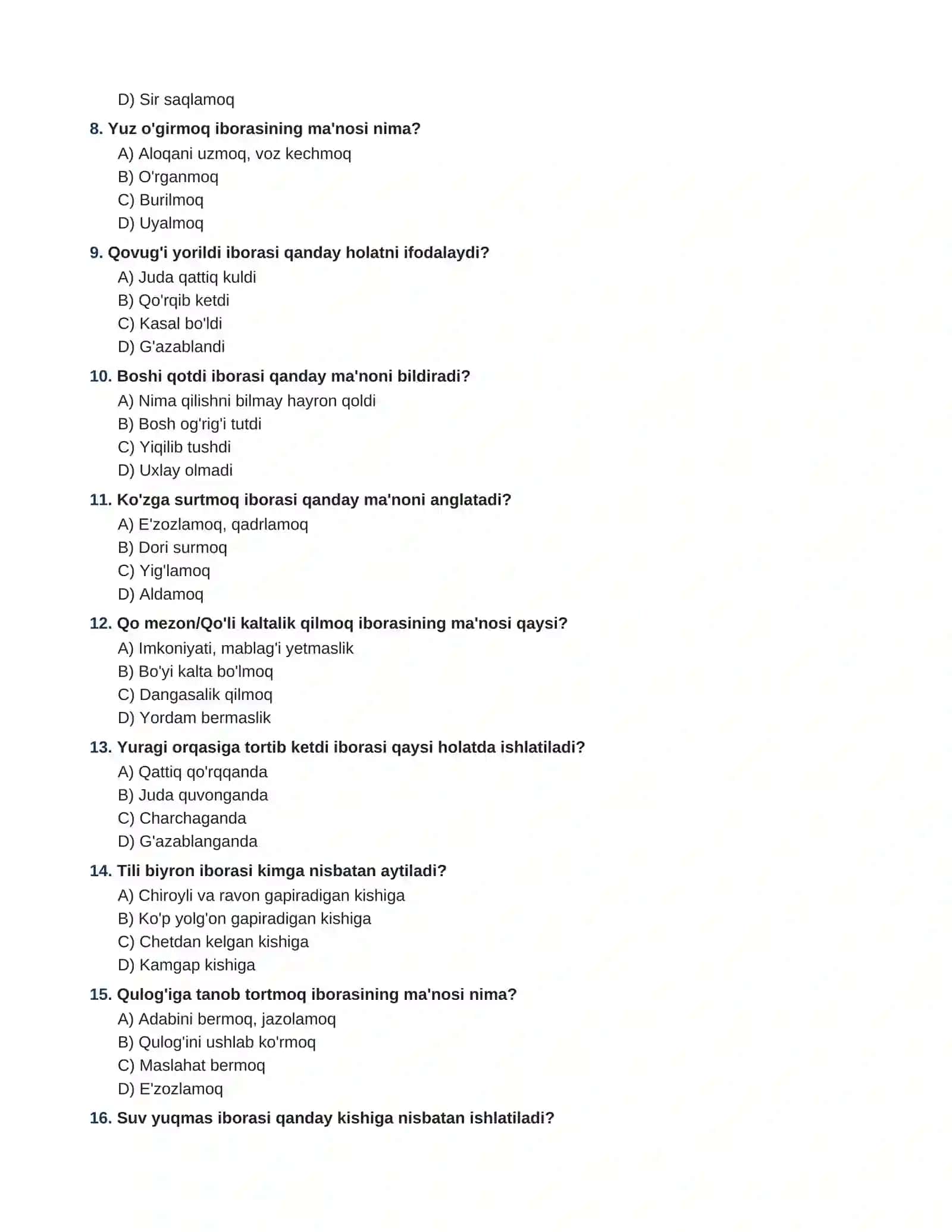ONA TILI VA ADABIYOT  IBORALAR (FRAZEOLOGIZMLAR) VA ULARNING MA'NO XUSUSIYATLARI BMBA / DTM STANDARTIDAGI 100 TA TEST- JAVAOBLARI BILAN 2