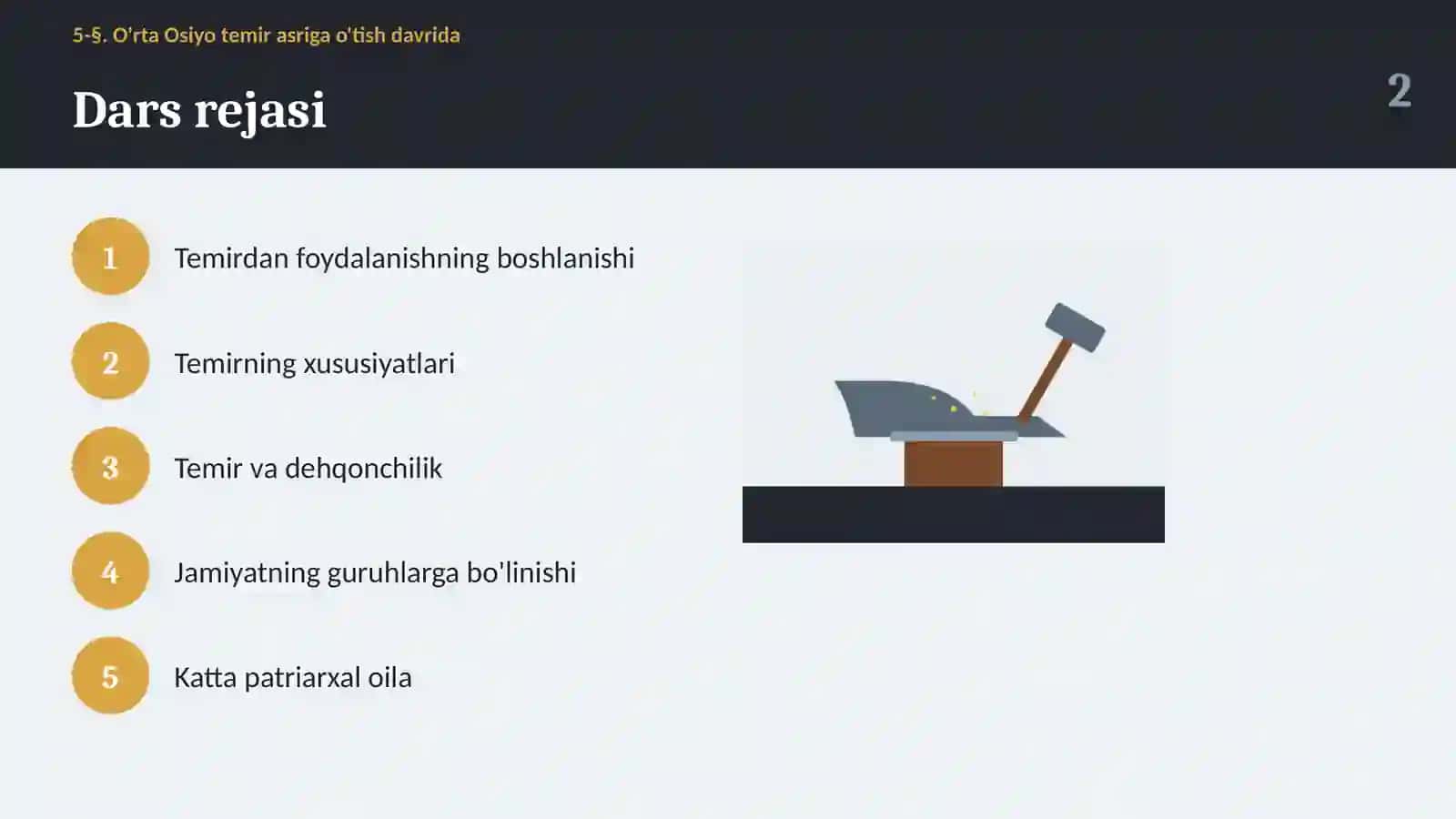 O'rta Osiyo temir asriga o'tish davrida: temir qurollar va jamiyat (5-§, 6-sinf, 11 slayd) 2