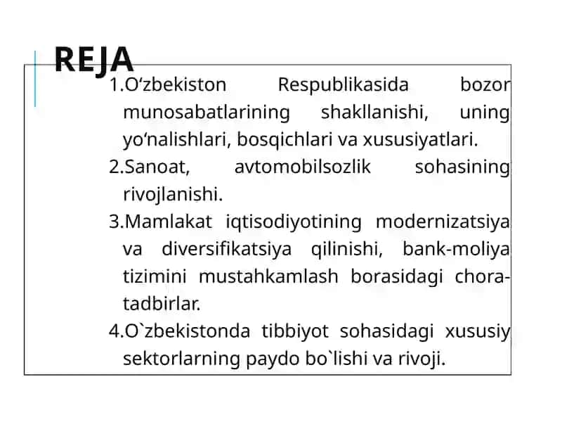 Iqtisodiy islohotlar, xususiy mulkchilikning shakllanishi. O‘zbekistonda bozor munosabatlarining rivojlanishi 2