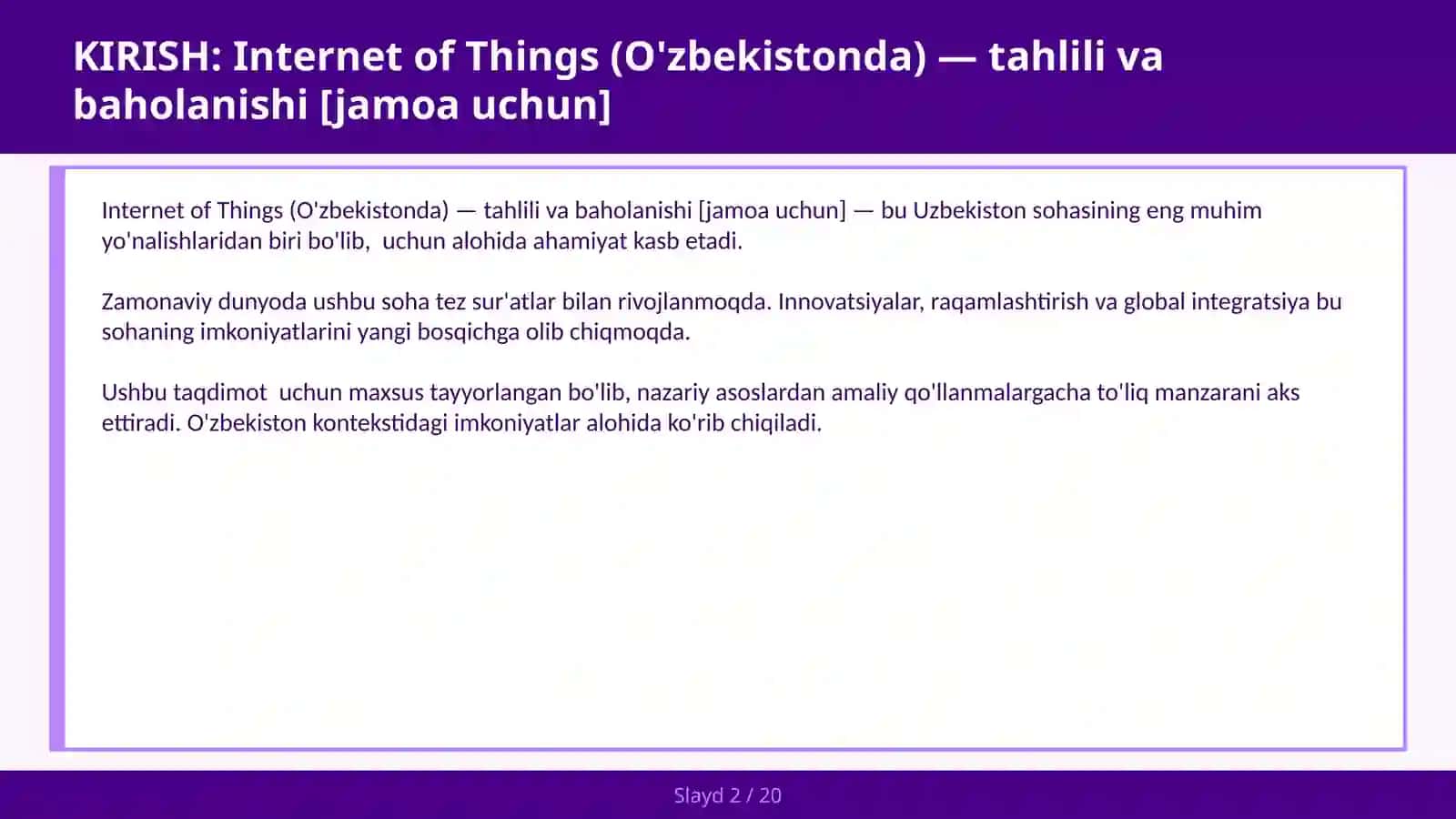 Internet of Things (O'zbekistonda) — tahlili va baholanishi [jamoa uchun] 2