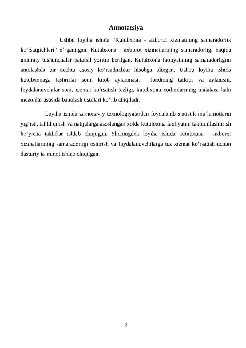 Kutubxona - axborot xizmatining samaradorlik ko‘rsatkichlari 2