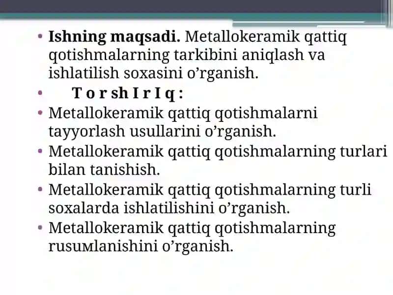Metallo keramik qattiq qotishmalarning markasidan foydalanib, tarkibini aniqlashni o’rganish 2
