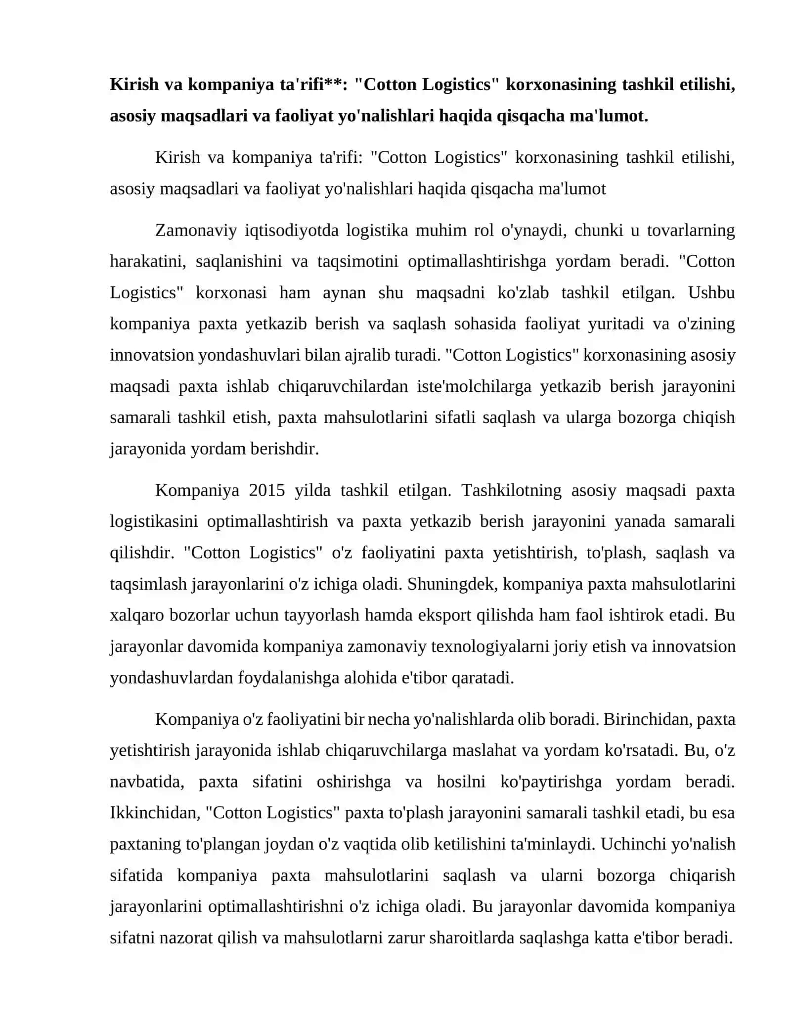 “Cotton Logistics “ korxonasi 2