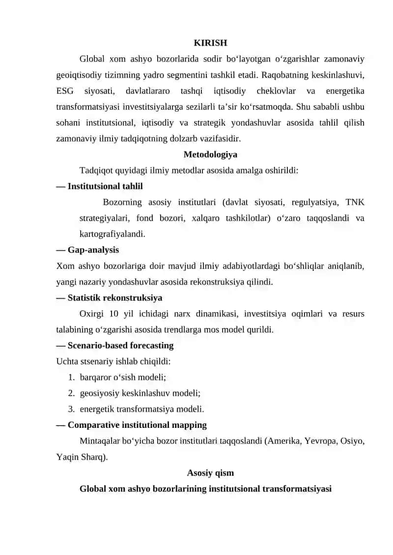 GLOBAL XOM ASHYO BOZORLARI VA INVESTITSIYALARNING INSTITUTSIONAL DINAMIKASI: AKADEMIK REKONSTRUKTSIYA 2