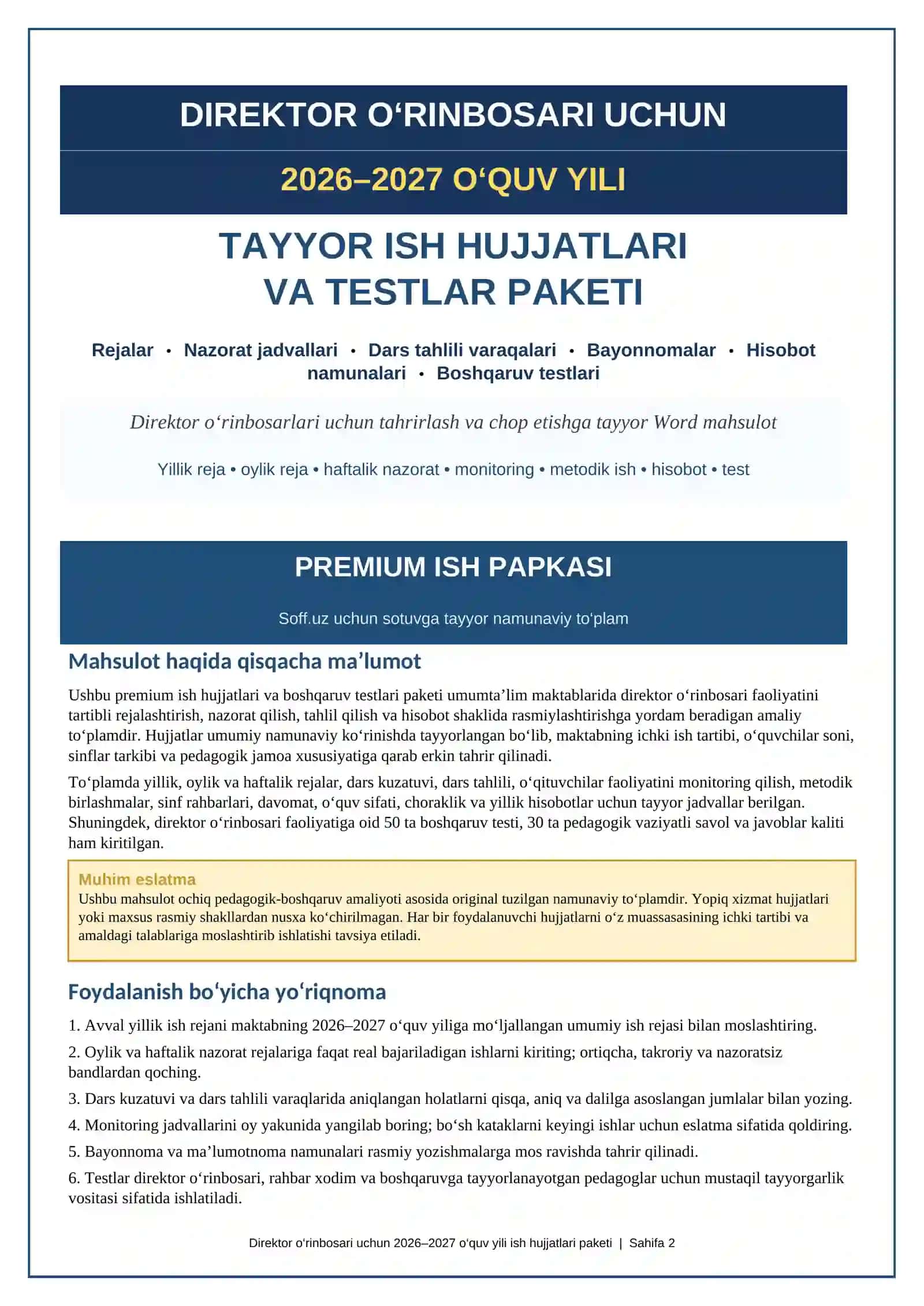 DIREKTOR O‘RINBOSARI UCHUN TAYYOR ISH HUJJATLARI VA TESTLAR PAKETI 2