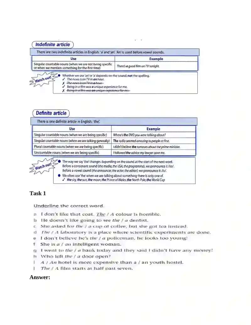 Definite and Indefinite Articles Lesson Plan 2