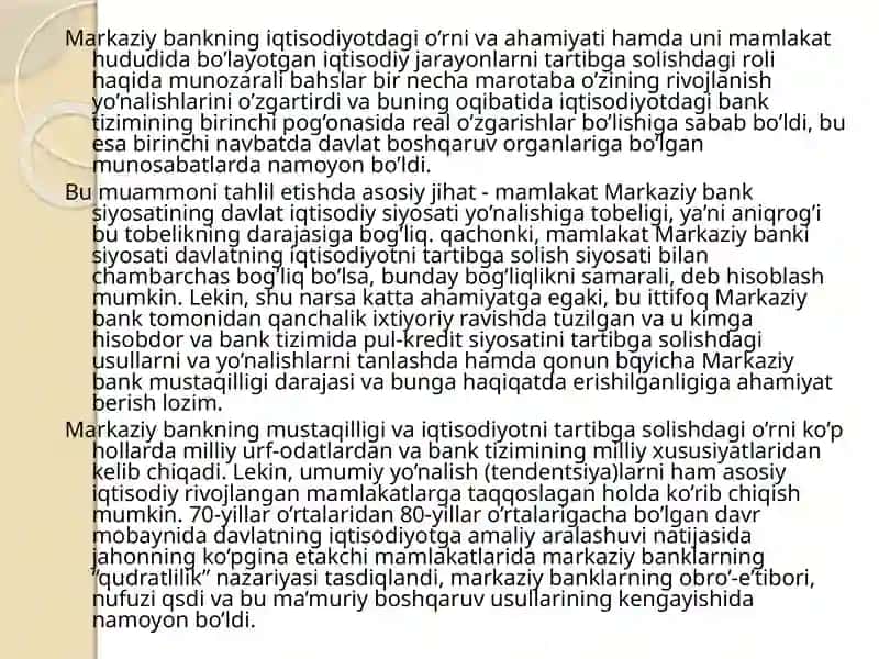 Markaziy bankning iqtisodiy mustaqilligi va uni baholash tartibi 2