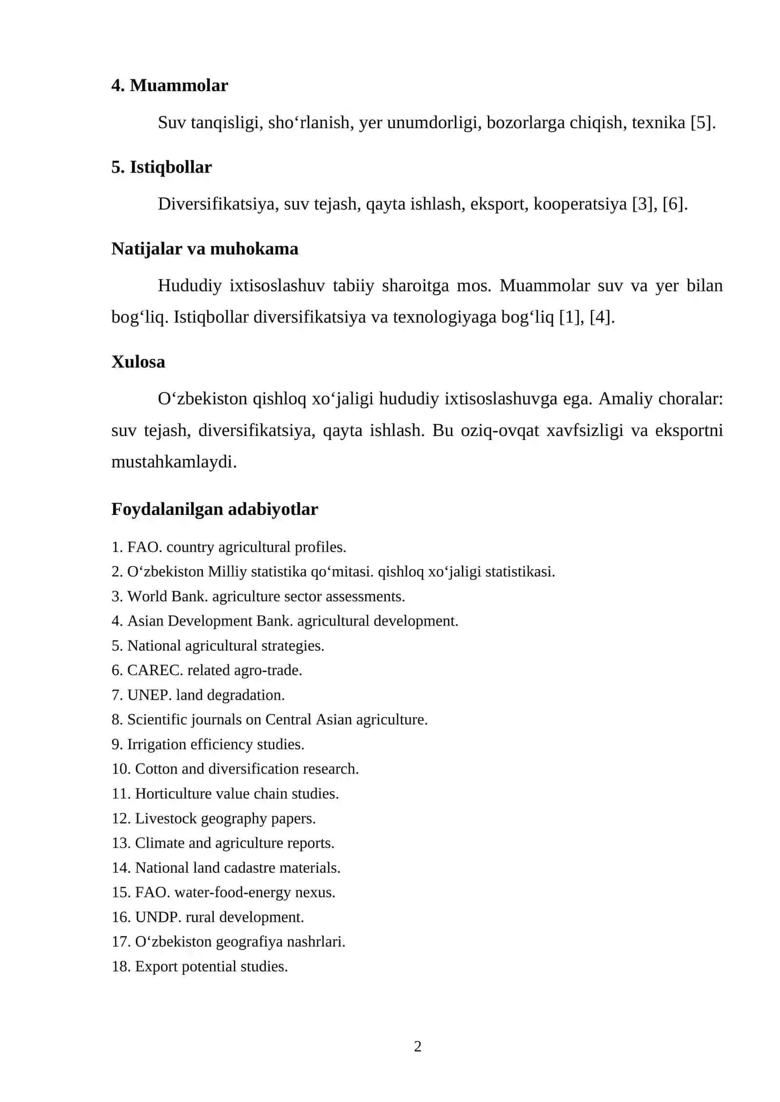 O‘ZBEKISTON QISHLOQ XO‘JALIGINING HUDUDIY IXTISOSLASHUVI VA RIVOJLANISH ISTIQBOLLARI 2