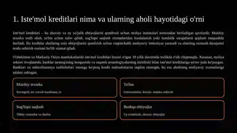 Iste'mol kreditlari va ularning aholi turmush darajasiga ta'siri haqida 11 betdan iborat taqdimot 2