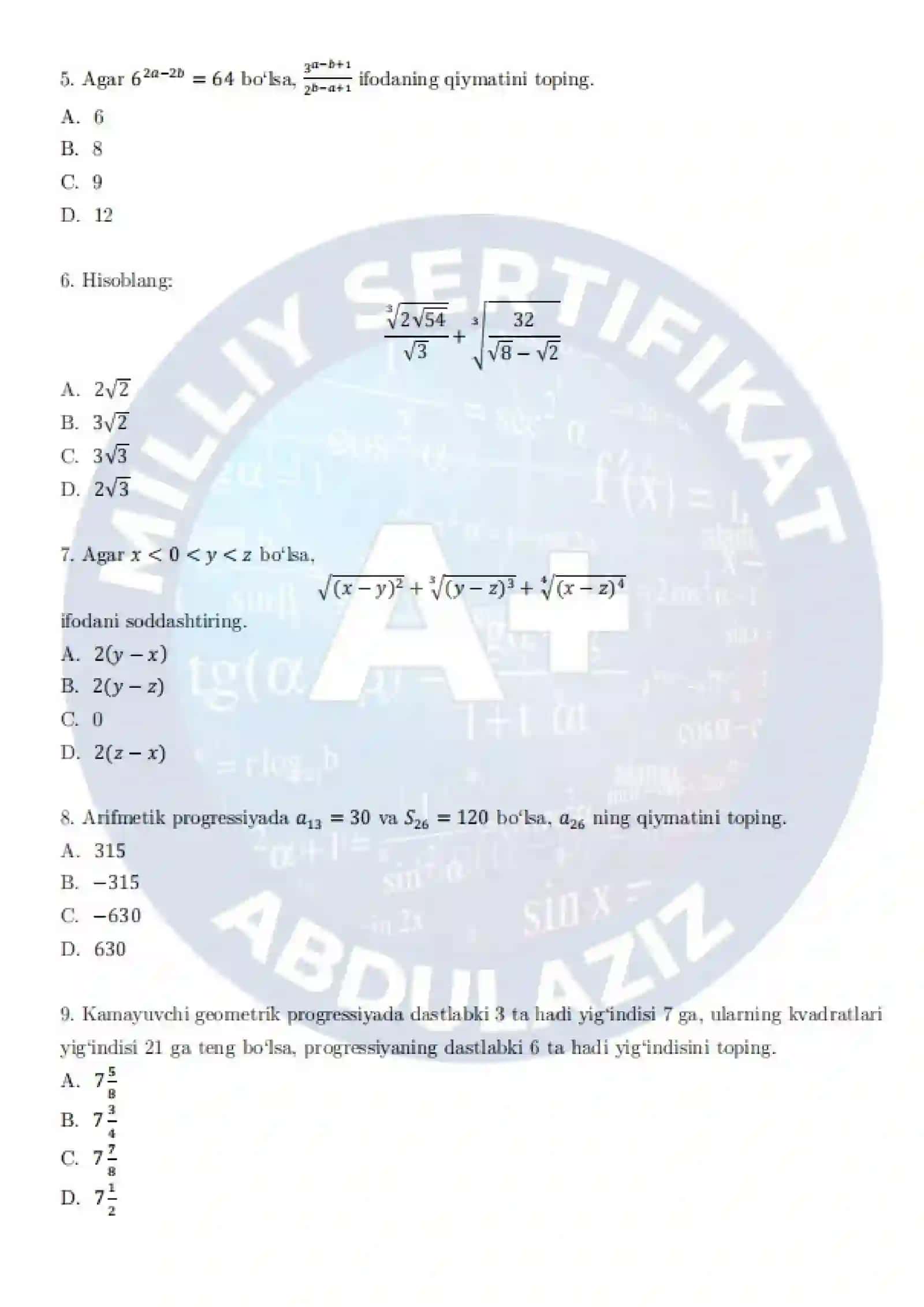 📚"Matematika Milliy Sertifikat — MOCK TEST | To‘liq sinov varianti" 2