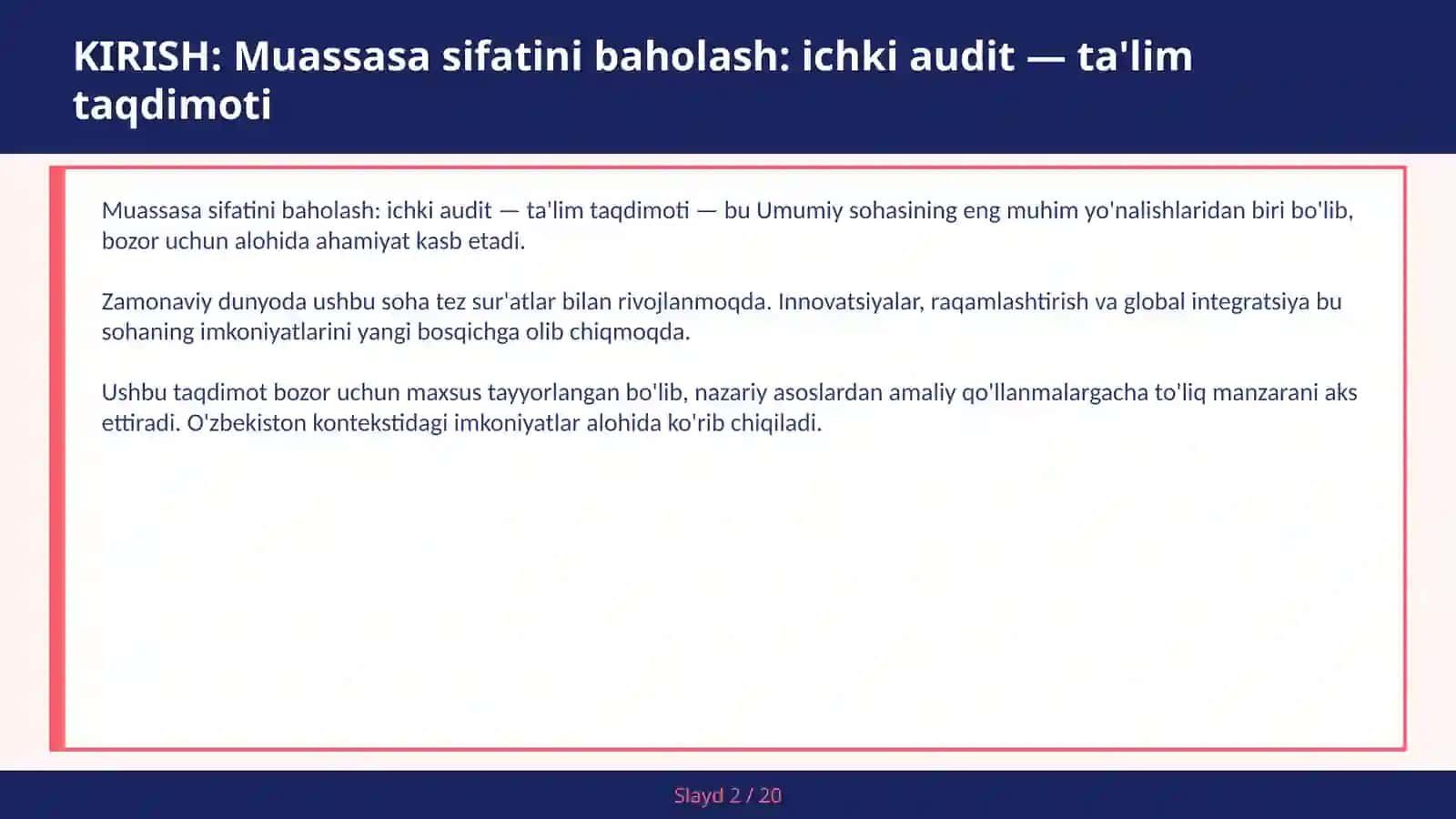 Muassasa sifatini baholash: ichki audit — ta'lim taqdimoti 2