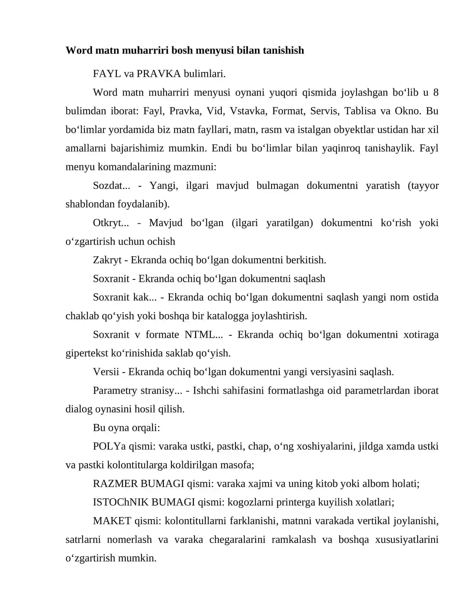 Word matn muharriri bosh menyusi bilan tanishish 2