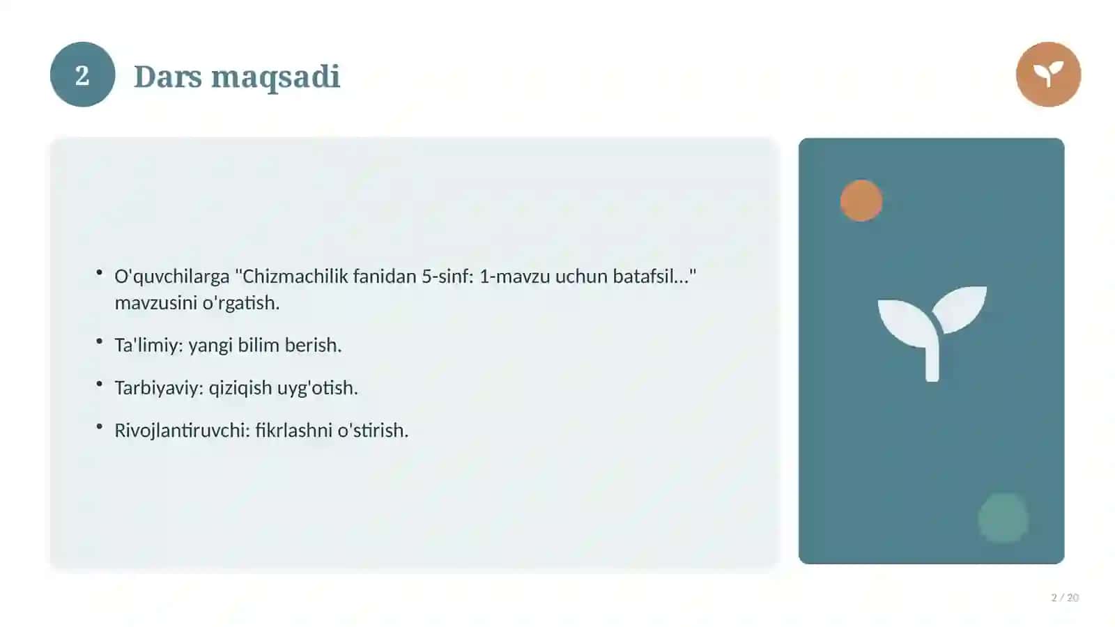 Chizmachilik fanidan 5-sinf: 1-mavzu uchun batafsil dars ishlanmasi 2