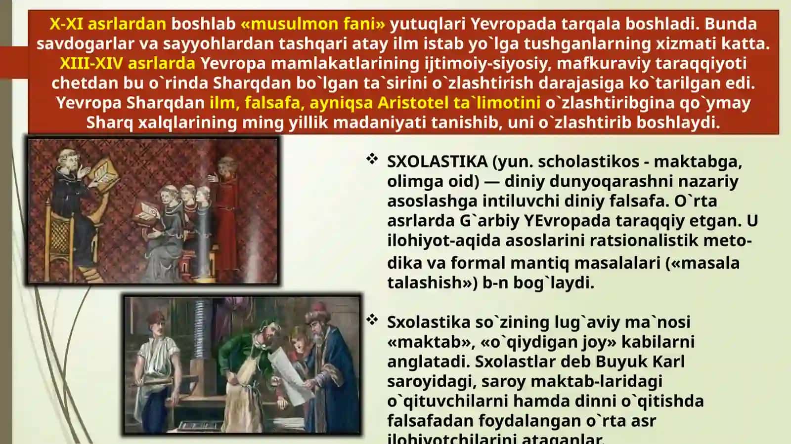 O‘RTA ASRLARDA YEVROPA FANI. G‘ARBIY YEVROPADA UYG‘ONISH DAVRI. XIV-XVI ASRLAR YEVROPADA ILMIY BILIMLAR RIVOJIDA YANGI DAVR. MARKAZIY OSIYODA TEMUR VA TEMURIYLAR DAVRI FAN TARAQQIYOTI 2