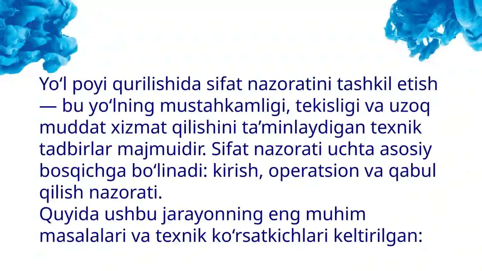 Yoʻl poyi qurilishida sifat nazoratini tashkil etish masalalari 2