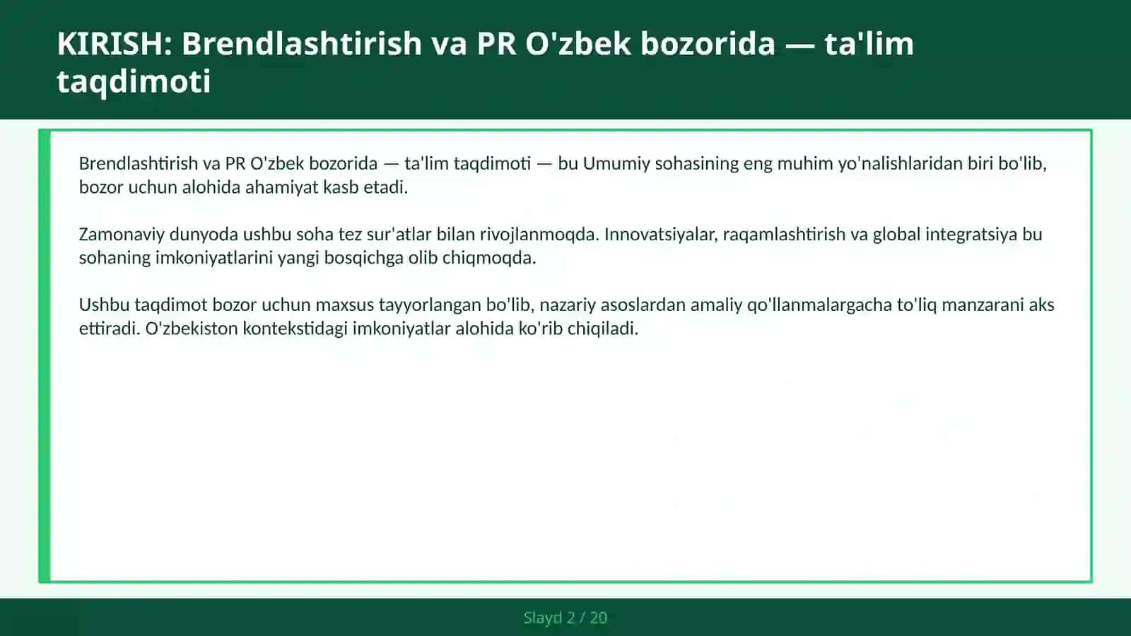 Brendlashtirish va PR O'zbek bozorida — ta'lim taqdimoti 2