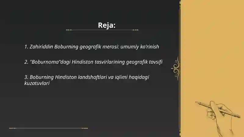 Zahiriddin Boburning geografik merosi va Hindiston asariga tavsif, XVIII asrda geografiyaning rivojlanish xususiyatlarini ifodalovchi taqdimot 2