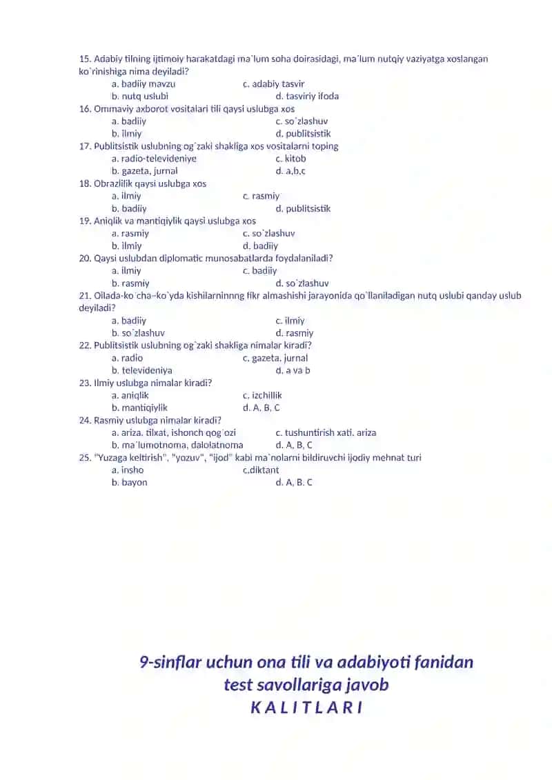 9-sinf ona tili va adabiyoti fanidan test savollari 2
