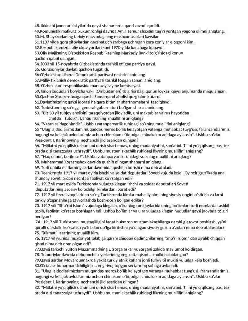 Namangan viloyati yuridik kolleji Yakuniy Davlat attestatsiyasiga “O’zbekiston tarixi” fanidan test saollari 2