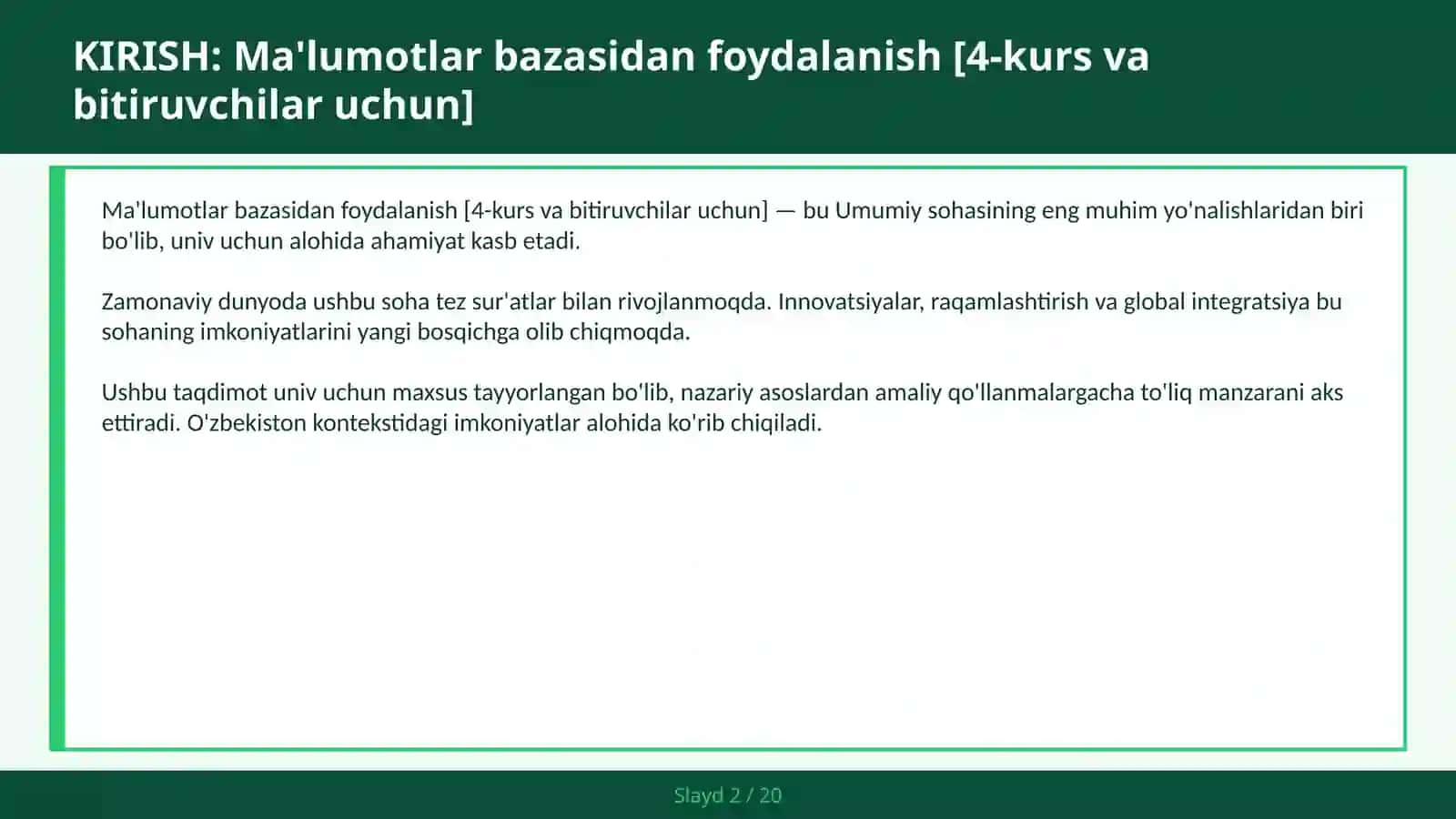Ma'lumotlar bazasidan foydalanish [4-kurs va bitiruvchilar uchun] 2