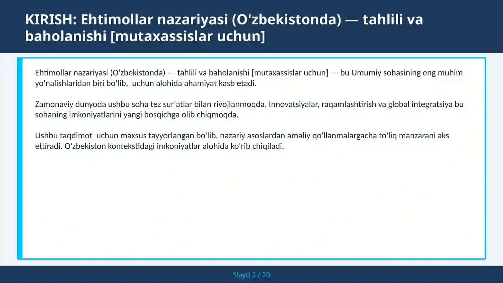 Ehtimollar nazariyasi (O'zbekistonda) — tahlili va baholanishi [mutaxassislar uchun] 2