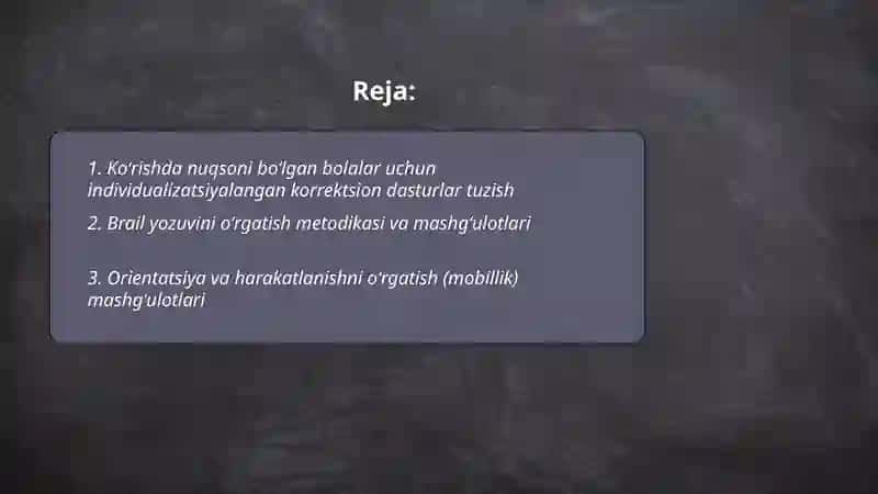 KOʻRISHIDA NUQSONI BOʻLGAN BOLALAR TA'LIMIDA MAXSUS KORREKSION MASHGʻULOTLAR 2