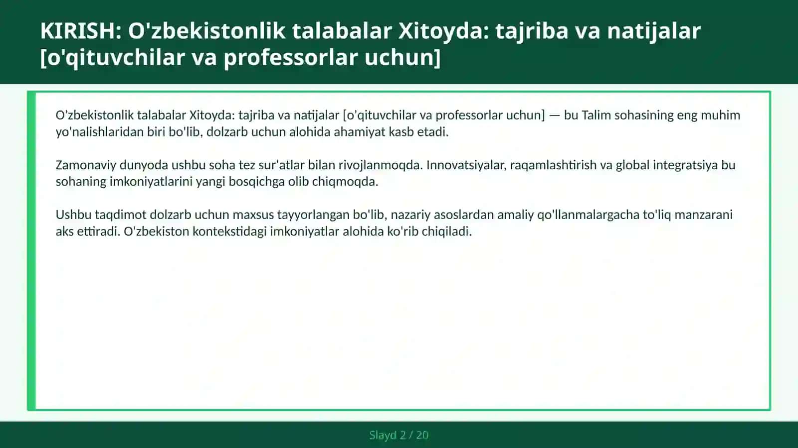 O'zbekistonlik talabalar Xitoyda: tajriba va natijalar [o'qituvchilar va professorlar uchun] 2