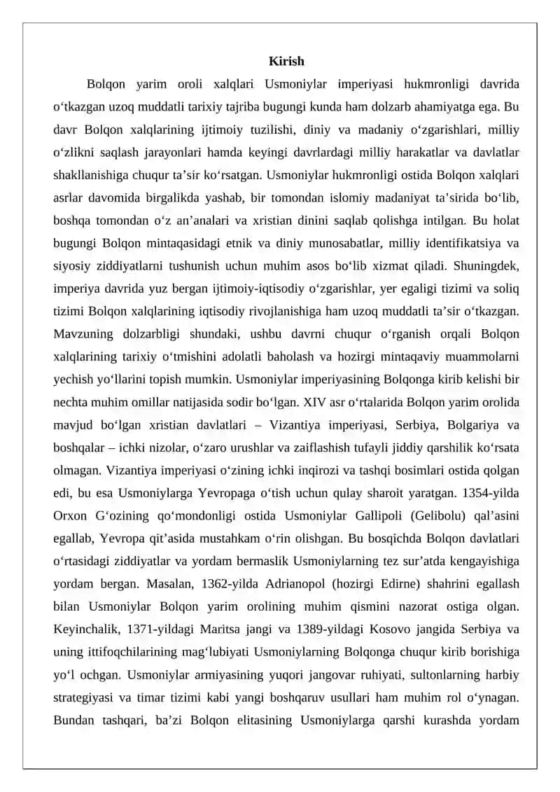 Bolqon yarim oroli xalqlari Usmoniylar imperiyasi hukmronligi davrida 2