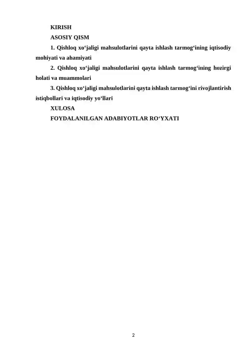 QISHLOQ XO'JALIGI MAHSULOTLARINI QAYTA ISHLASH TARMOG'INING RIVOJLANISH ISTIQBOLLARI 2