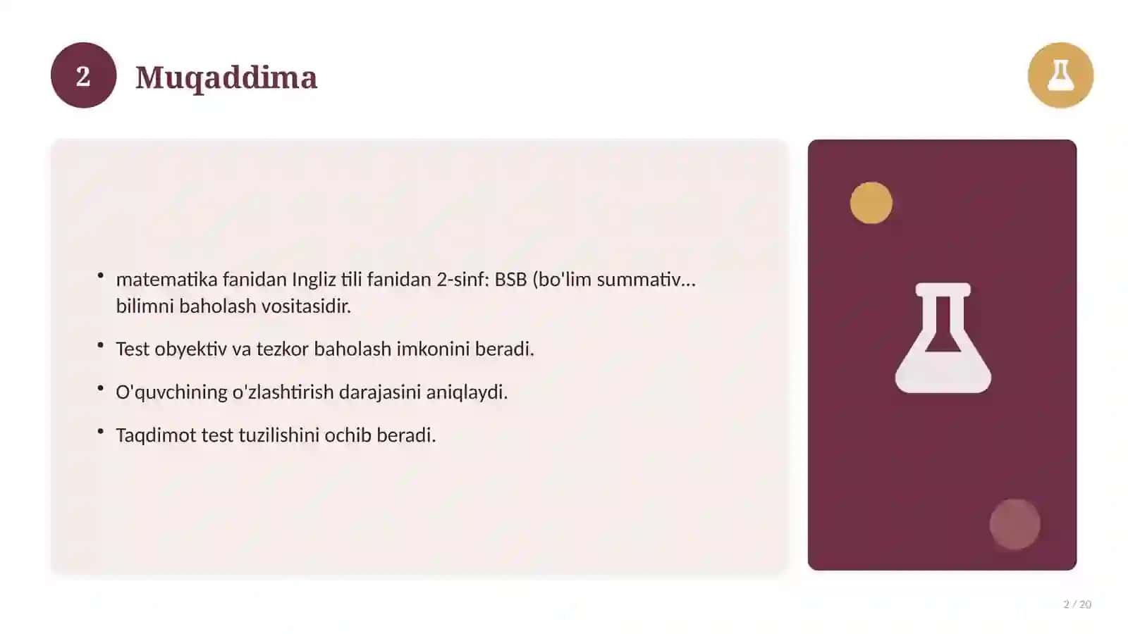 Ingliz tili fanidan 2-sinf: BSB (bo'lim summativ baholash) 2
