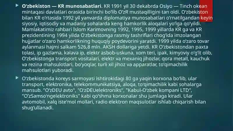 O`zbekiston va Kareyamunosabatlari 2