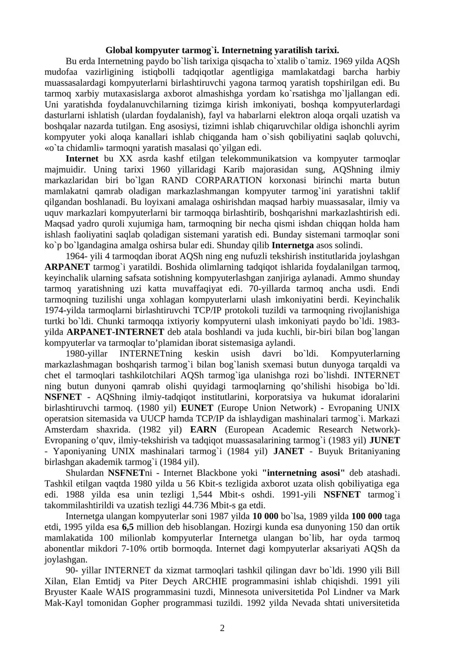 KOMPYUTЕR TARMOQLARI. TARMOQ TEXNOLOGIYALARINING ASOSLARI 2