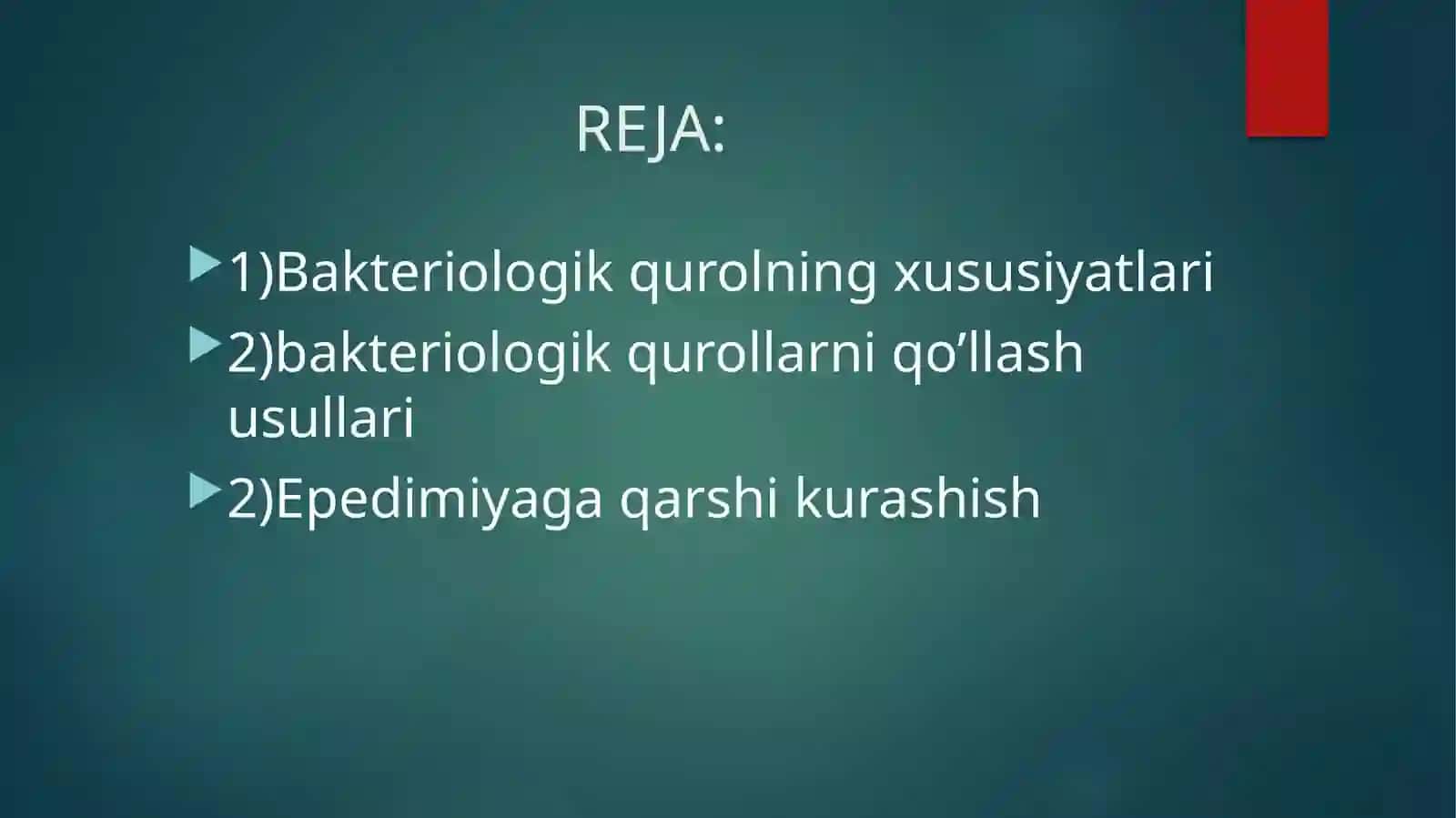 BAKTERIOLOGIK(BIOLOGIK)VOSITALAR BILAN ZARARLANGAN O’CHOQDA EPEDEMIYAGA QARSHI CHORA-TADBIRLAR 2