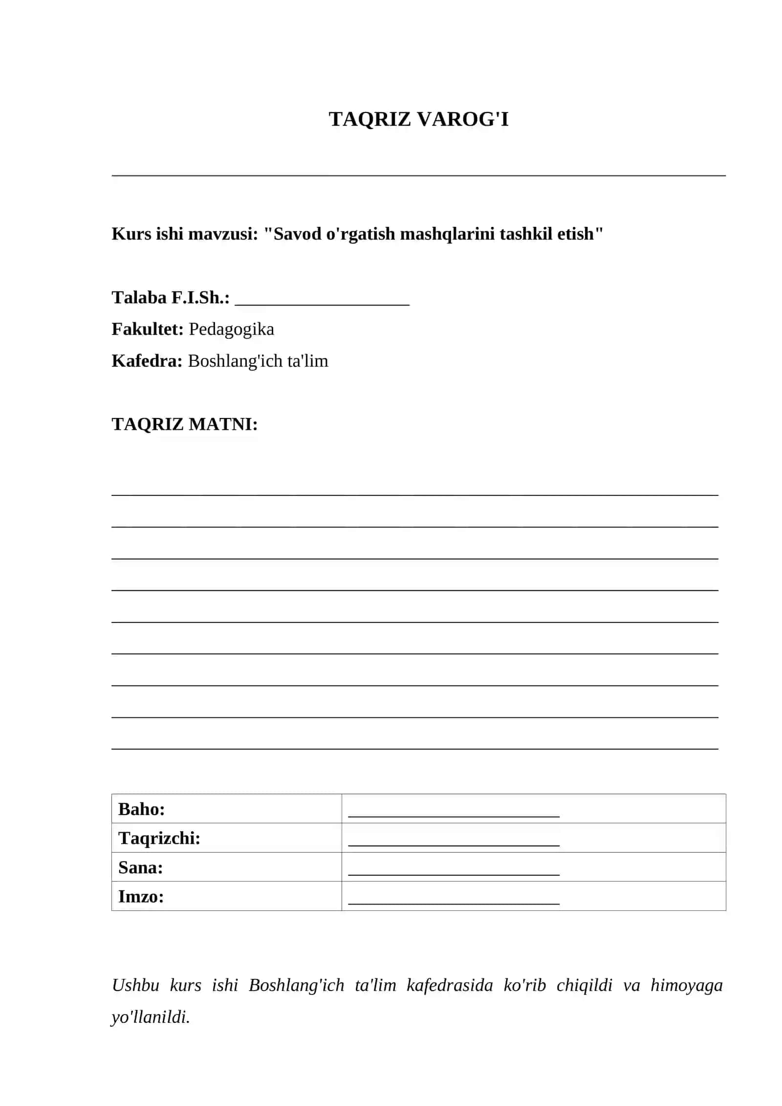 "SAVOD O'RGATISH MASHQLARINI TASHKIL ETISH" 2