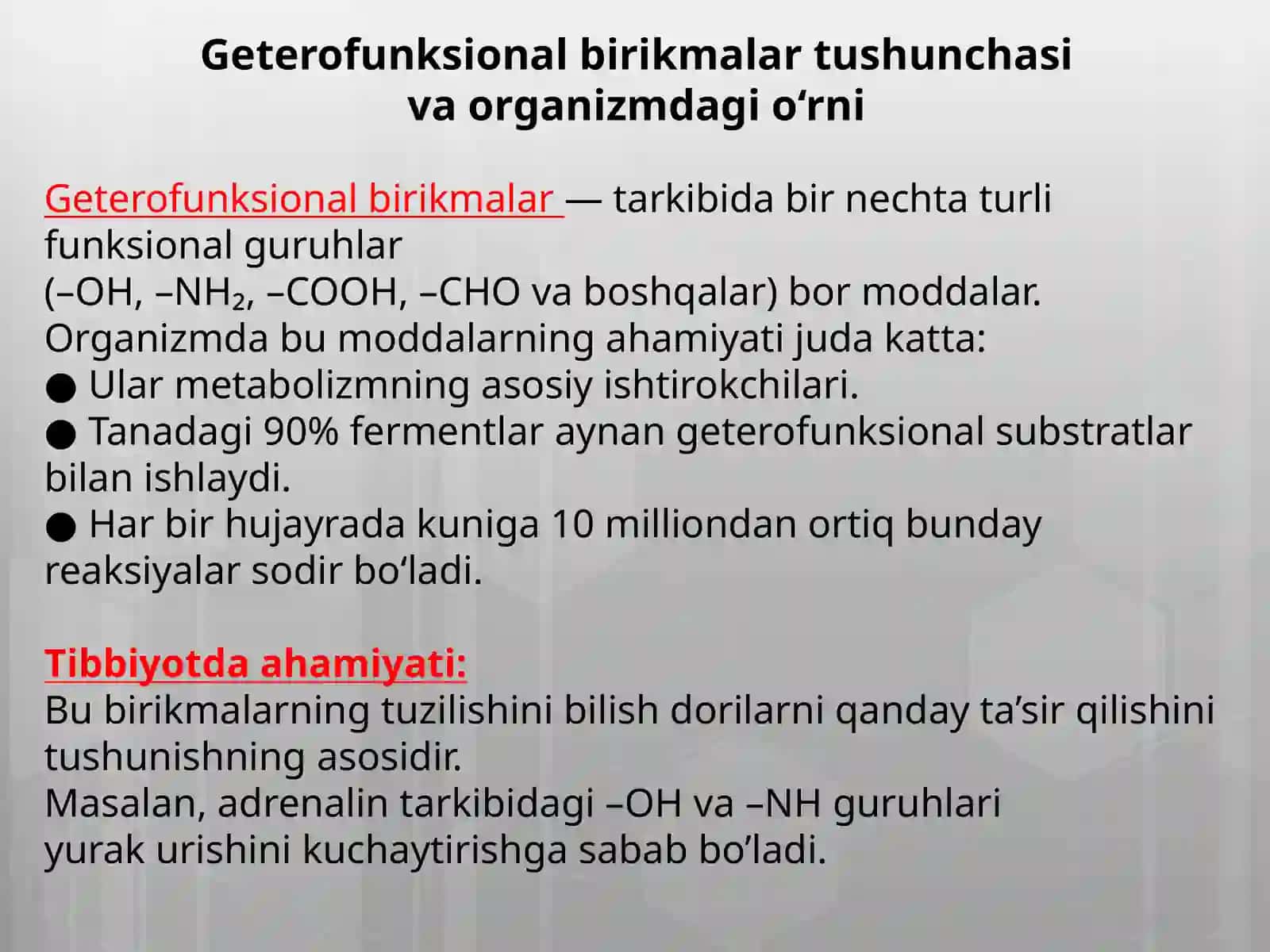 Geterofunksional birikmalar metabolitlar va dorivor vositalari sifatida 2