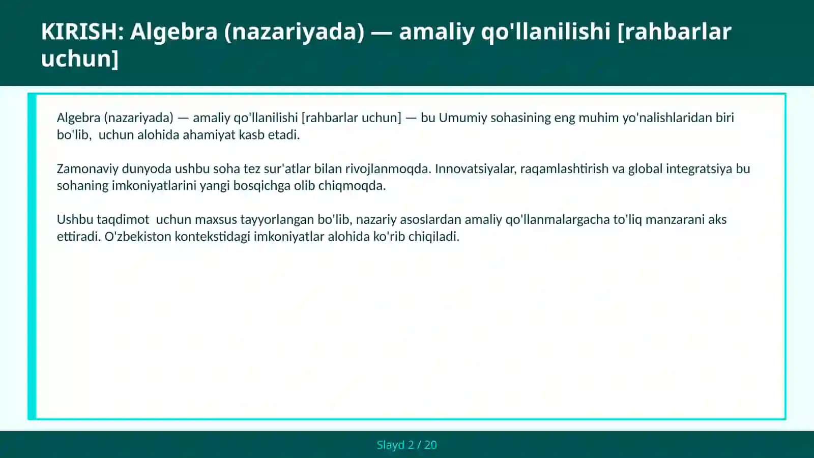 Algebra (nazariyada) — amaliy qo'llanilishi [rahbarlar uchun] 2