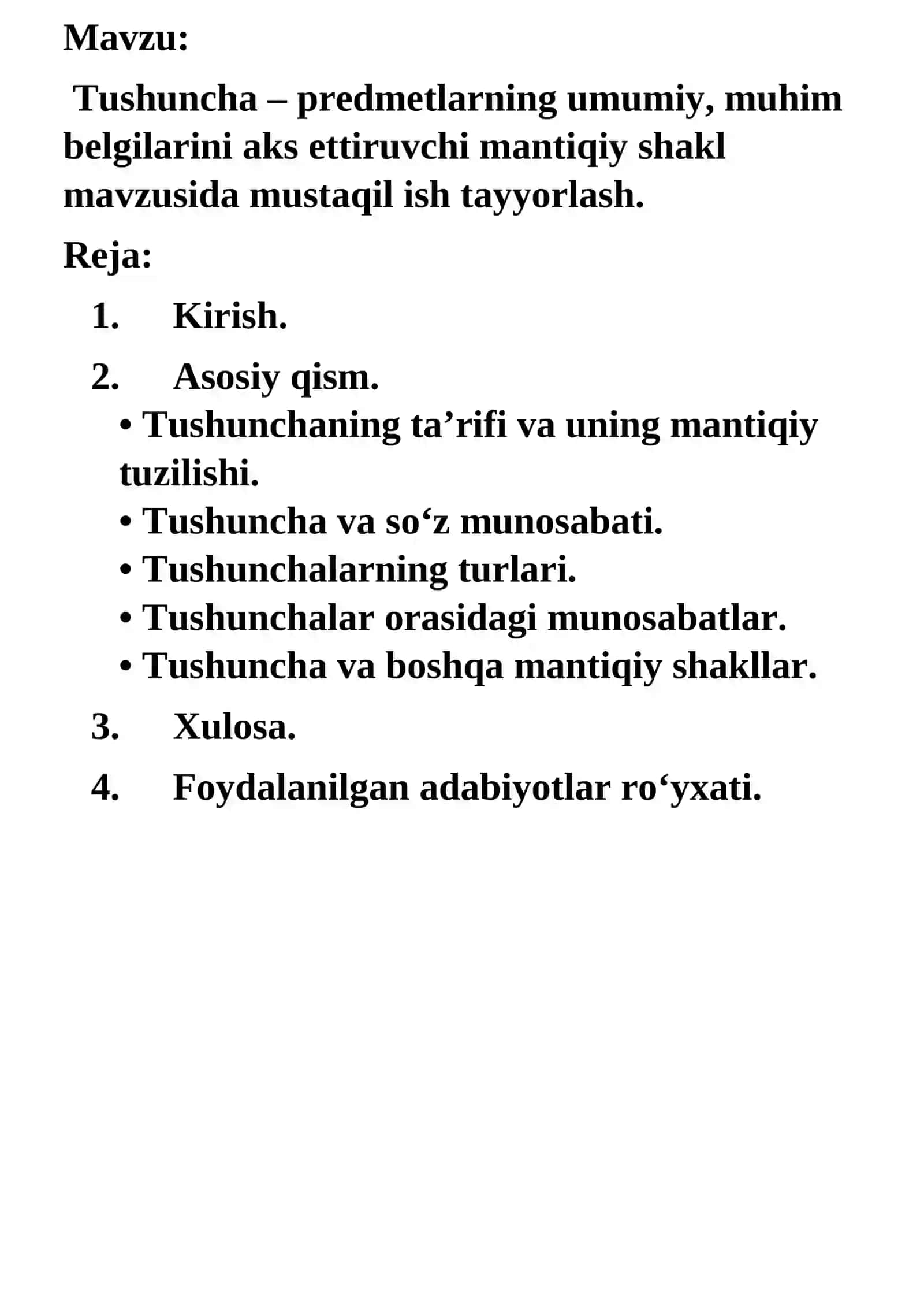 Tushuncha – predmetlarning umumiy, muhim belgilarini aks ettiruvchi mantiqiy shakl mavzusida mustaqil ish tayyorlash 2