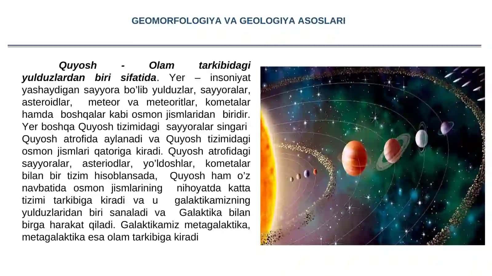 Yer sharining koinotda tutgan o‘rni. Osmon yoritgichlari haqida tushuncha. Quyosh tizimi 2