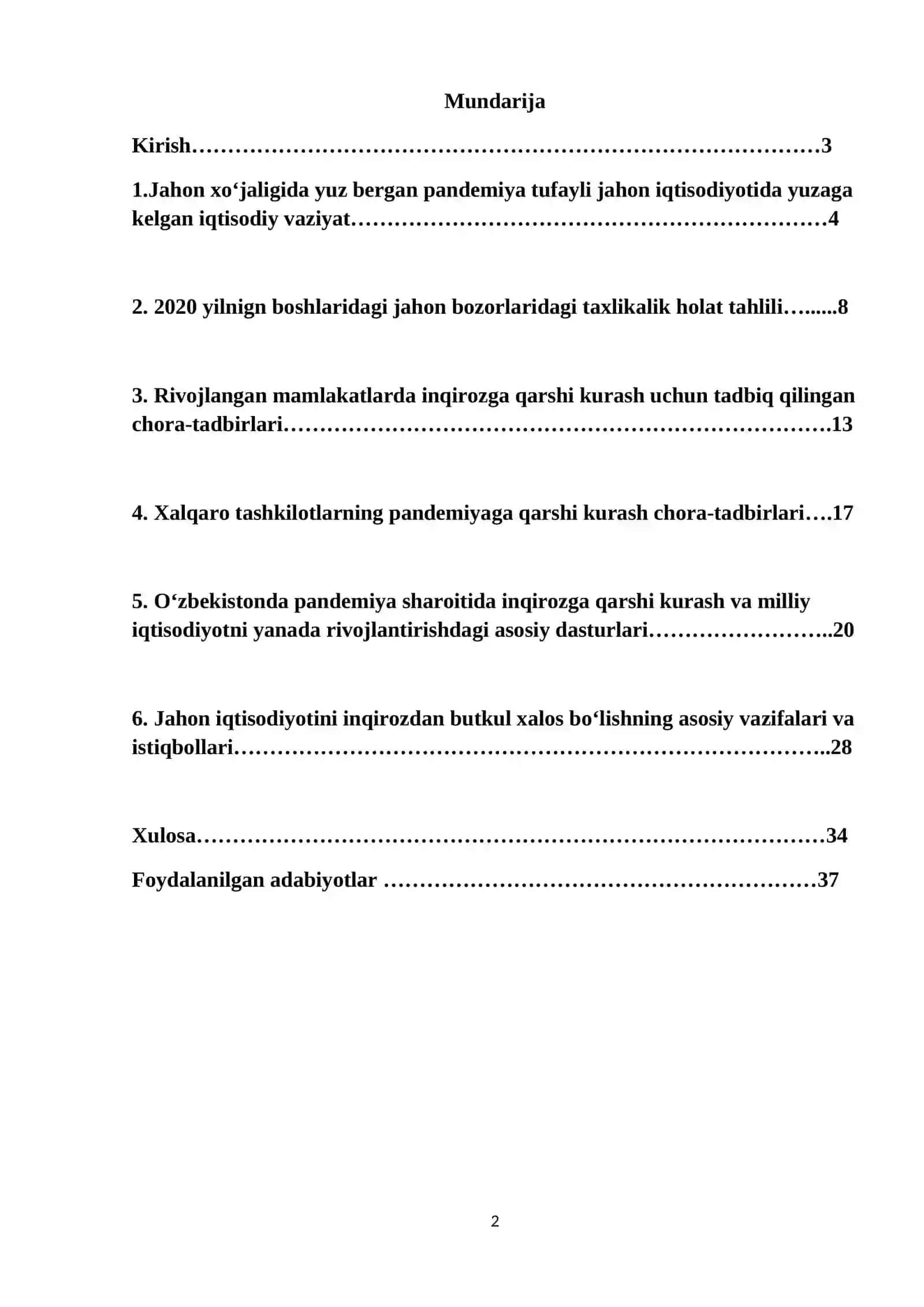 “Pandemiya sharoitida jahon iqtisodiyotining yuzaga kelgan inqirozdan chiqib ketish chora-tadbirlari” 2