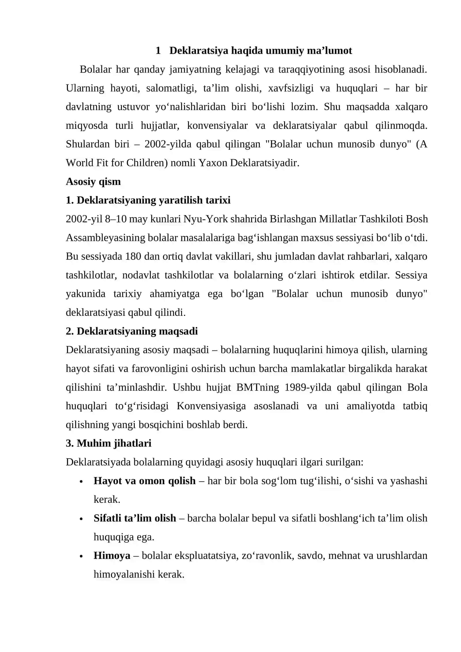Bolalarni omon qolish, himoya qilish va rivojlantirish to‘g‘risidagi Yaxon Deklaratsiyasi 2002-yil Asosiy qoidalar. 2