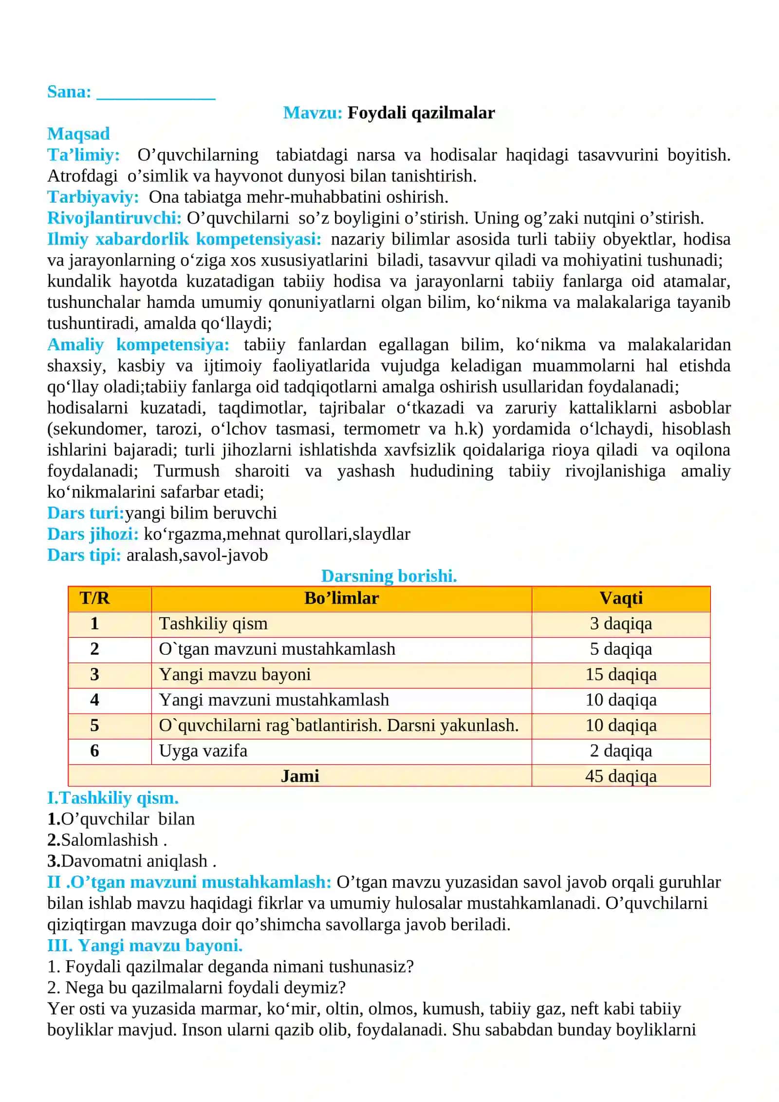 3-sinf Tabiiy fan (Science) Foydali qazilmalar mavzusida dars ishlanma 2