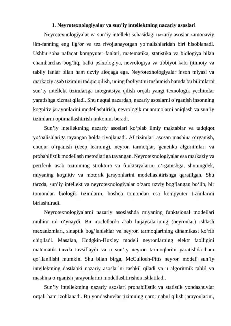 Neyrotexnologiyalar va sun’iy intellekt bo‘yicha innovatsion texnologiyalar 2