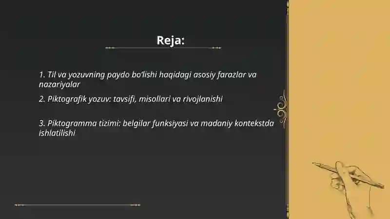Til va yozuv, ularning paydo bo‘lishi haqidagi farazlar va ularning (piktografik, piktogramma, ideografik-logografik, iyeroglifik, fonografik, sillabik yozuv, stenografiya, transkripsiya) shakllari 2