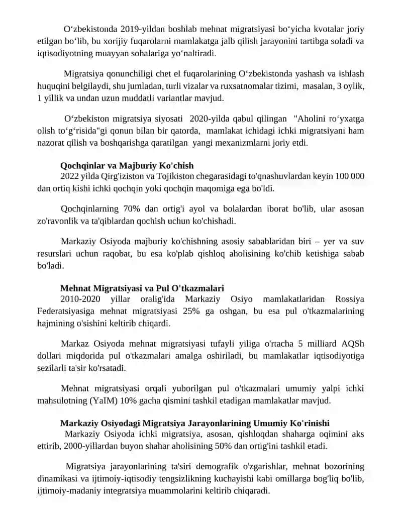 Markaziy Osiyo migratsion jarayonlarining osib borishi 2