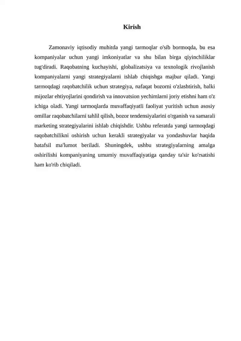 Yangi tarmoqdagi raqobatchilik uchun strategiya 2