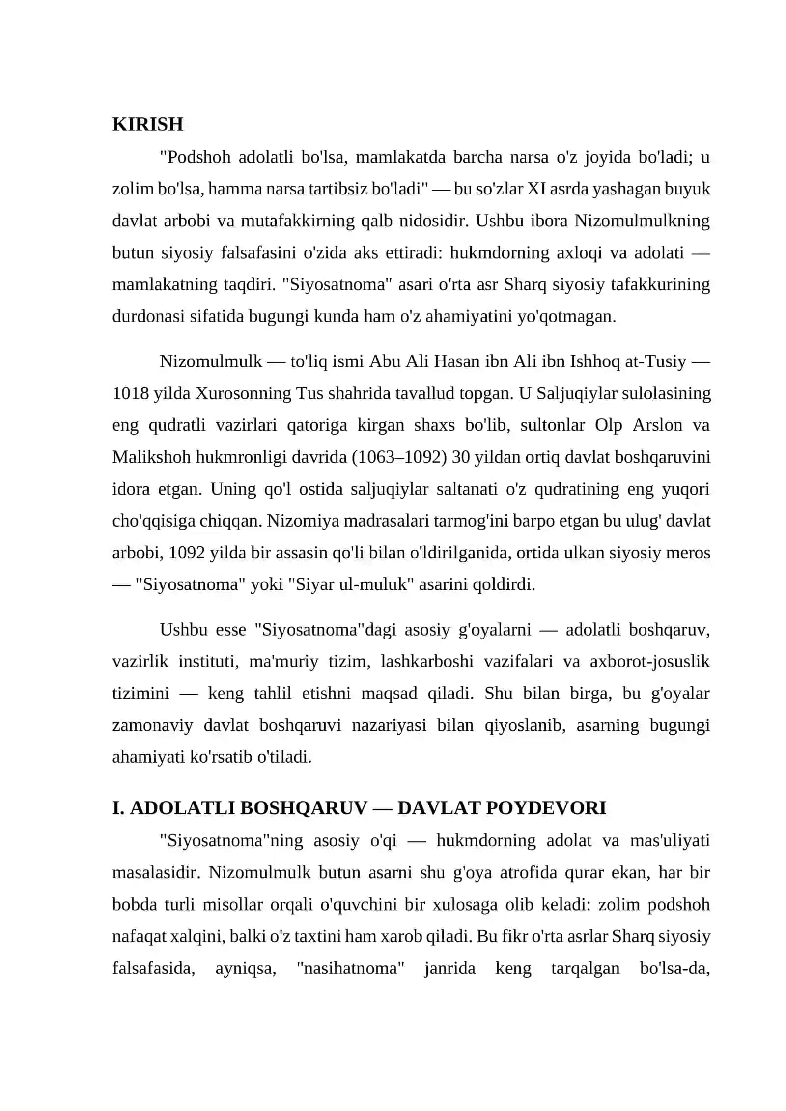 NIZOMULMULKNING "SIYOSATNOMA" ASARI BO'YICHA JAMIYAT BOSHQARUVIGA OID G'OYALARNI TAHLIL ETISH 2