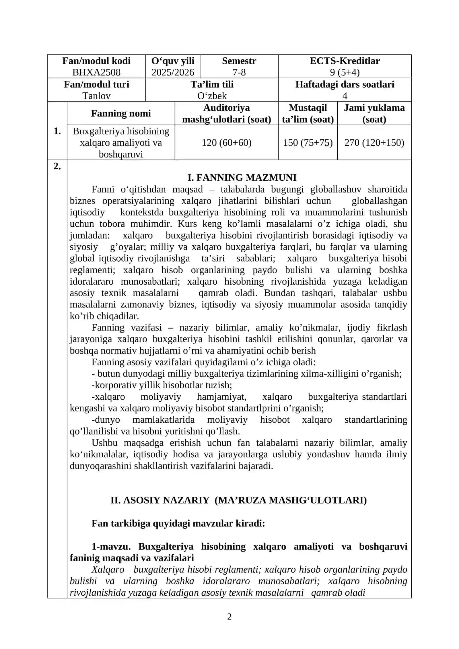 Buxgalteriya hisobining xalqaro amaliyoti va boshqaruvi 2