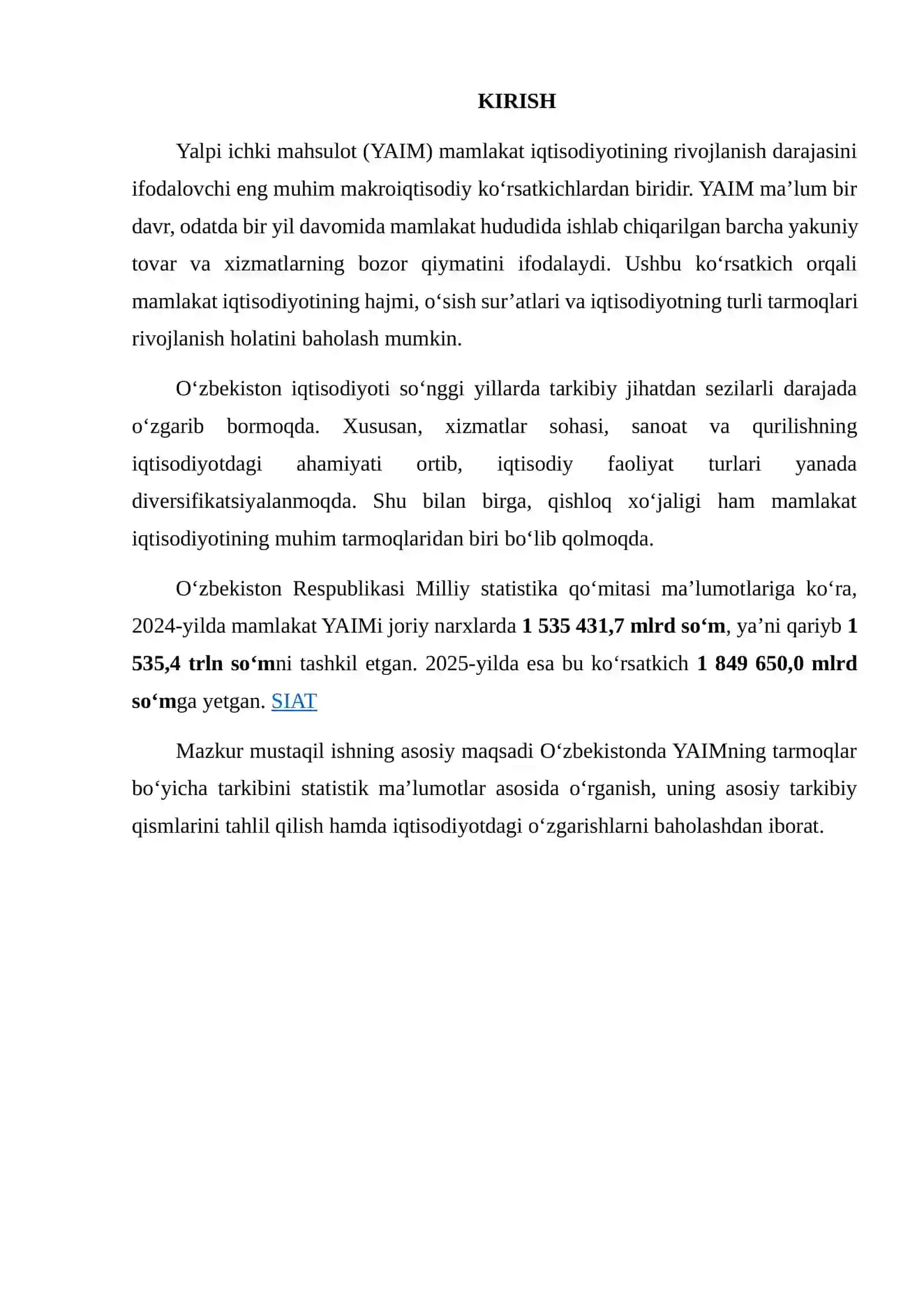 O‘ZBEKISTONDA YALPI ICHKI MAHSULOTNING TARMOQLAR BO‘YICHA TARKIBINI STATISTIK MA’LUMOTLAR ASOSIDA TASHKIL QILISH 2